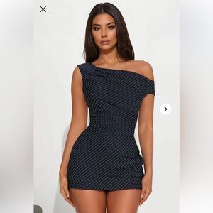Fashion Nova Black Pinstripe One-Shoulder Dress